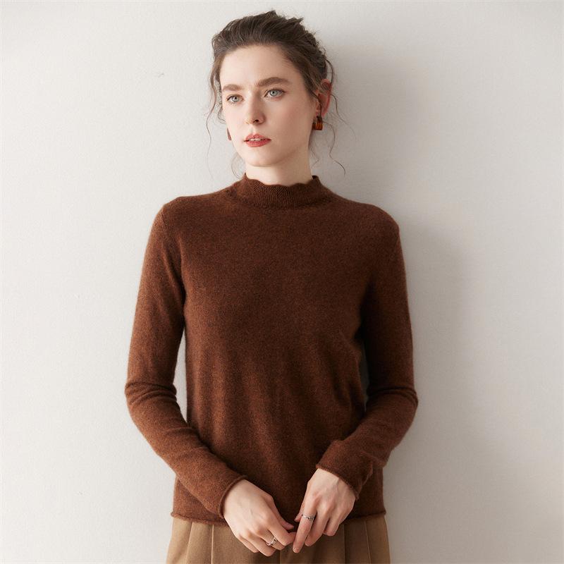 2025 Fall/Winter Women's Versatile Solid Color Cashmere Knit Sweater - Long Sleeve Base Layer