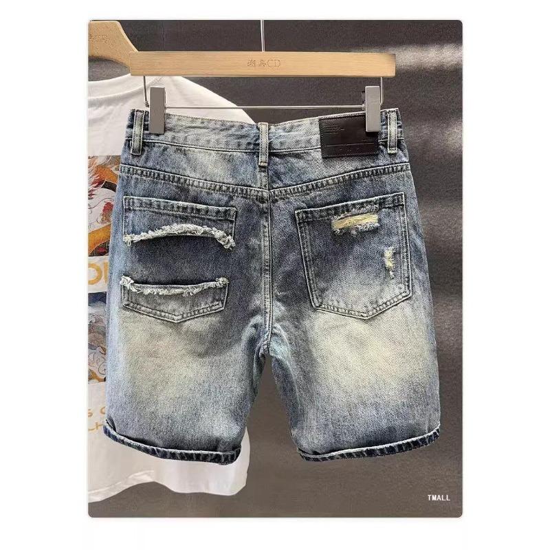Hong Kong version of high-end cotton retro washed ripped denim shorts men's summer thin straight five-point pants