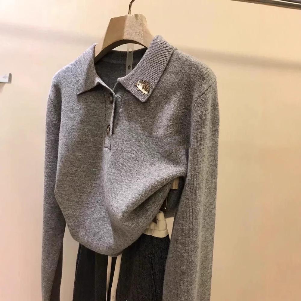 Celebrity Style Hedgehog Embroidery Cashmere Polo Collar Knitwear Women's Spring Autumn Loose Sweater Base Layer Wool Sweater