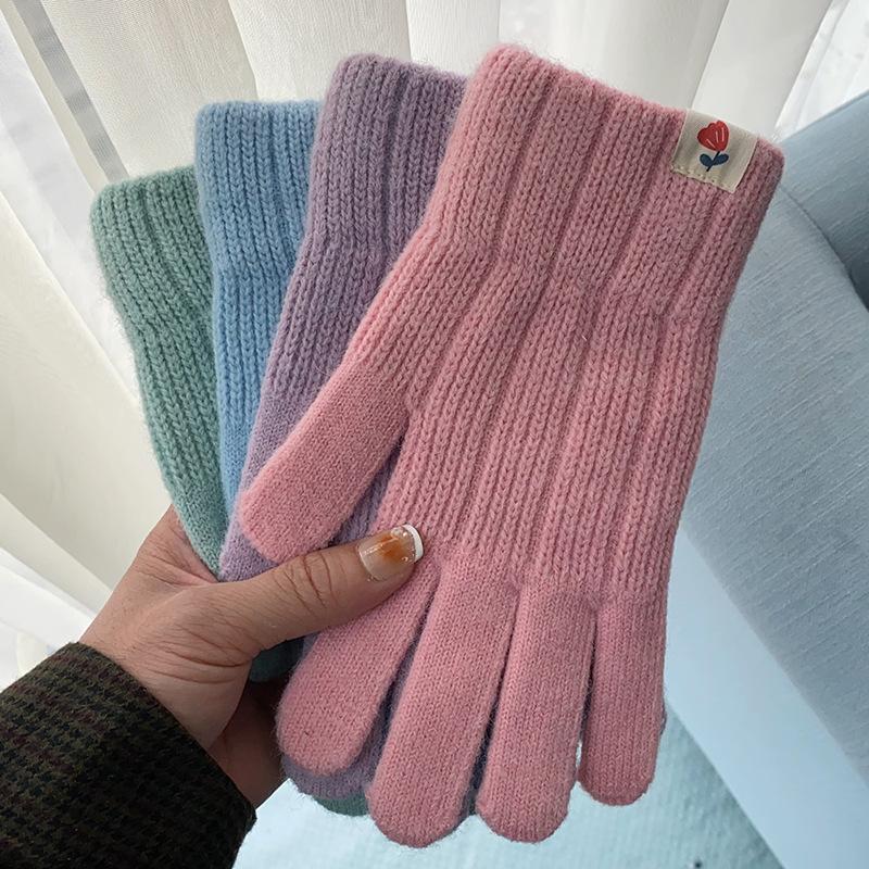 Warm Gloves for Men and Women In Autumn and Winter Solid Color Simple Versatile Woolen Knitted Brushed Thickened Five Finger Split