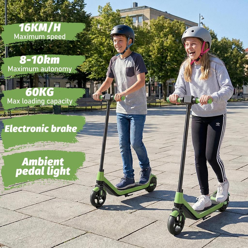 Dětská elektrická koloběžka Věk 8-12 let, Dojezd 16 km, Max. rychlost 16 km/h, 6,5" Ultra lehká elektrická koloběžka pro děti s barevným okolním osvětlením - Zelená