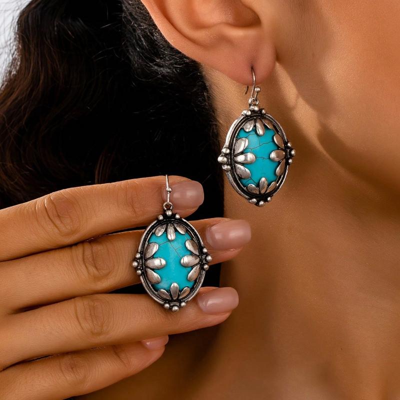 Retro Trend Inlaid Stone Oval Pendant Earrings, Women's Personalized Ethnic Style Holiday Accessories Gifts