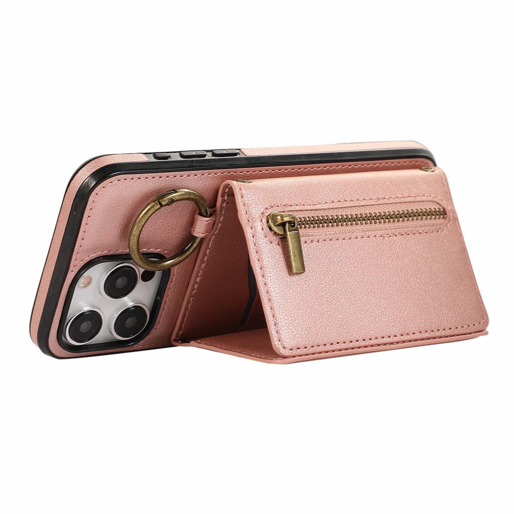 For iPhone 15 Pro Leather Back Cover Zipper Wallet Kickstand Phone Case with Shoulder Strap