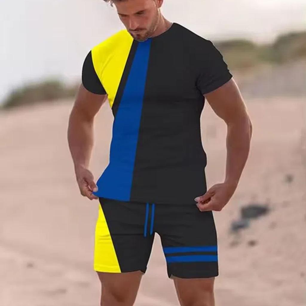 Patchwork-Druck Herren 2-teiliges Casual Fashion T-Shirt Set Trainingsanzug Shirt und Shorts Set Sport Sommer Outfit Sets