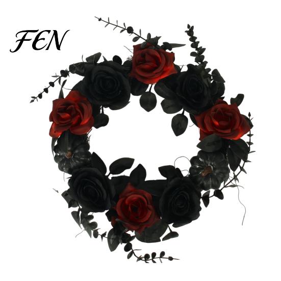 Vintage Dark Aesthetic Party Supplies Halloween Wreath for Front Door, Artificial Fall Maple Leaf Rose Pumpkin Spooky Elegant Holiday Decor