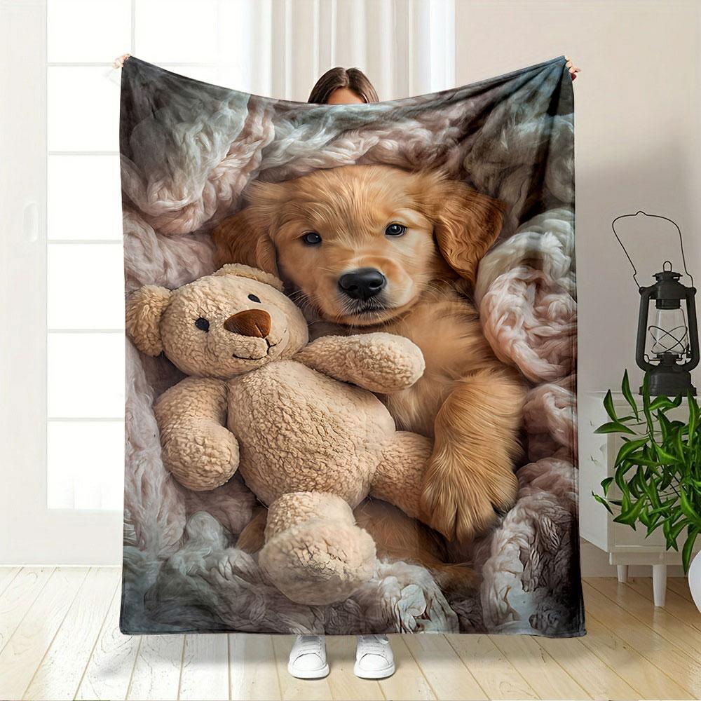 Golden Puppy with Teddy Bear for all seasons blanket lunch break throw gift
