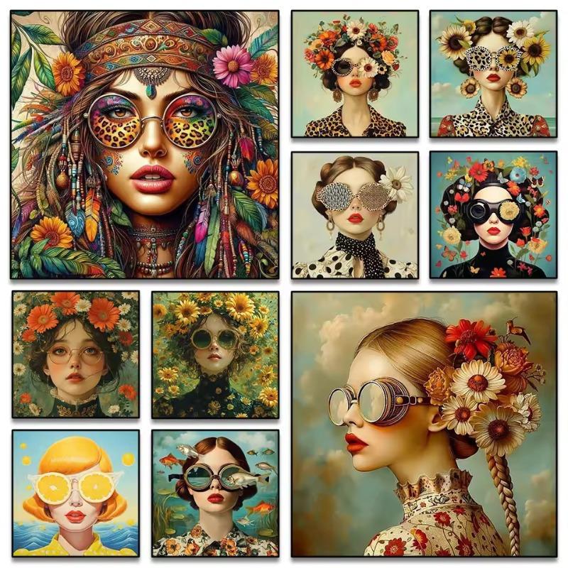 Beautiful Woman with Glasses Flower Canvas Wall Art Painting Posters and Prints Women Wall Art Picture Room Decor Picture