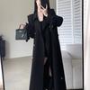 Womens Black Mid-Length Double-Breasted Wool-Blend Trench Coat Chic Office Casual Outerwear
