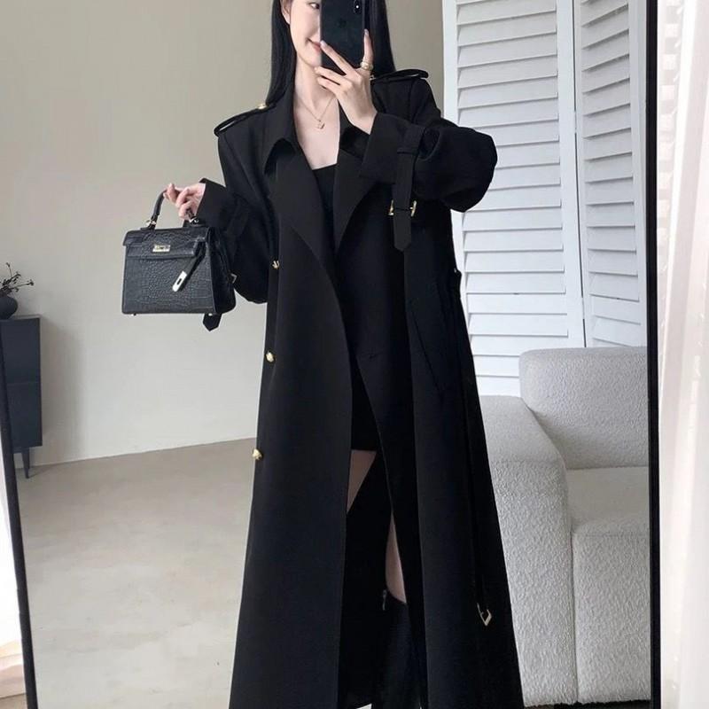 Womens Black Mid-Length Double-Breasted Wool-Blend Trench Coat Chic Office Casual Outerwear