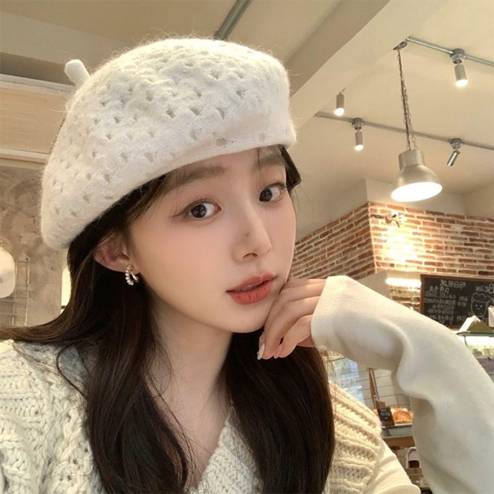 Solid Color Beret Hat Hollow Out Hollow Out Hat Stylish Double Layer Beret Autumn Winter