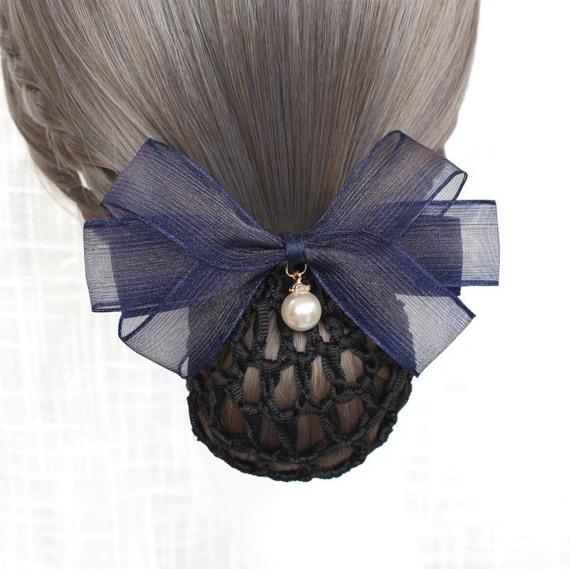 Vocational Nurse Head Flower Mesh Pocket Hairpin Silk Yarn Pearl Pendant Bow Stewardess Bank Disc Hair