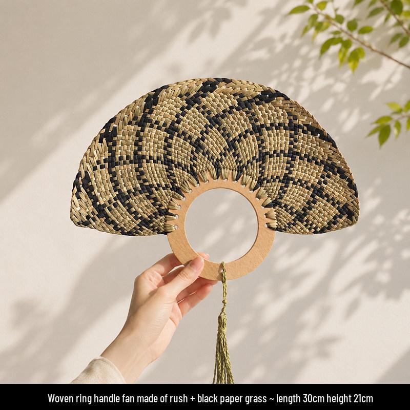 Tai Life Women's Handmade Wabi-sabi Cattail Fan: Artistic Summer Rattan Craft, Chinese Style Intangible Heritage Round Fan