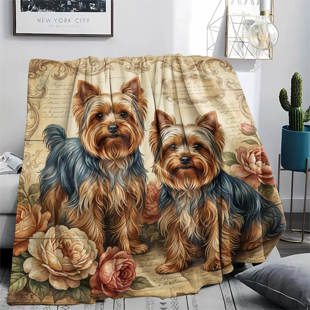 1PC Retro Pet Puppy Print Flannel Blanket, High quality All Seasons, Home Decor, Warmth and Comfort, Perfect for Christmas Gifts