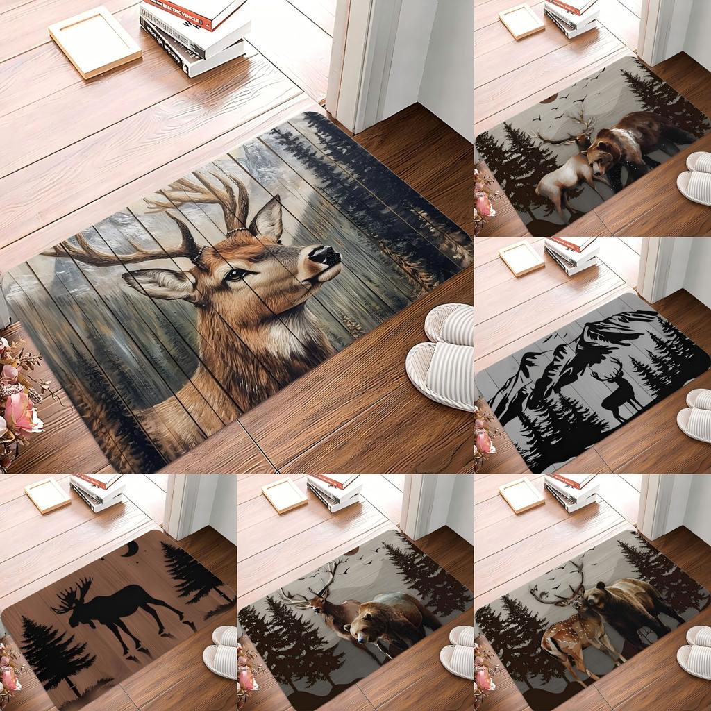 Wood Deer Print Doormat Non-Slip Rugs for Living Room Bedroom Kitchen Laundry Mat Machine Washable Home Decor Carpet