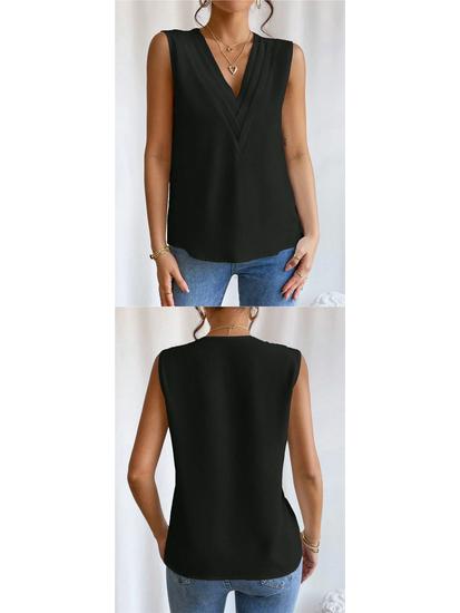 European and American Women's Summer V-Neck Layered Solid Color Top