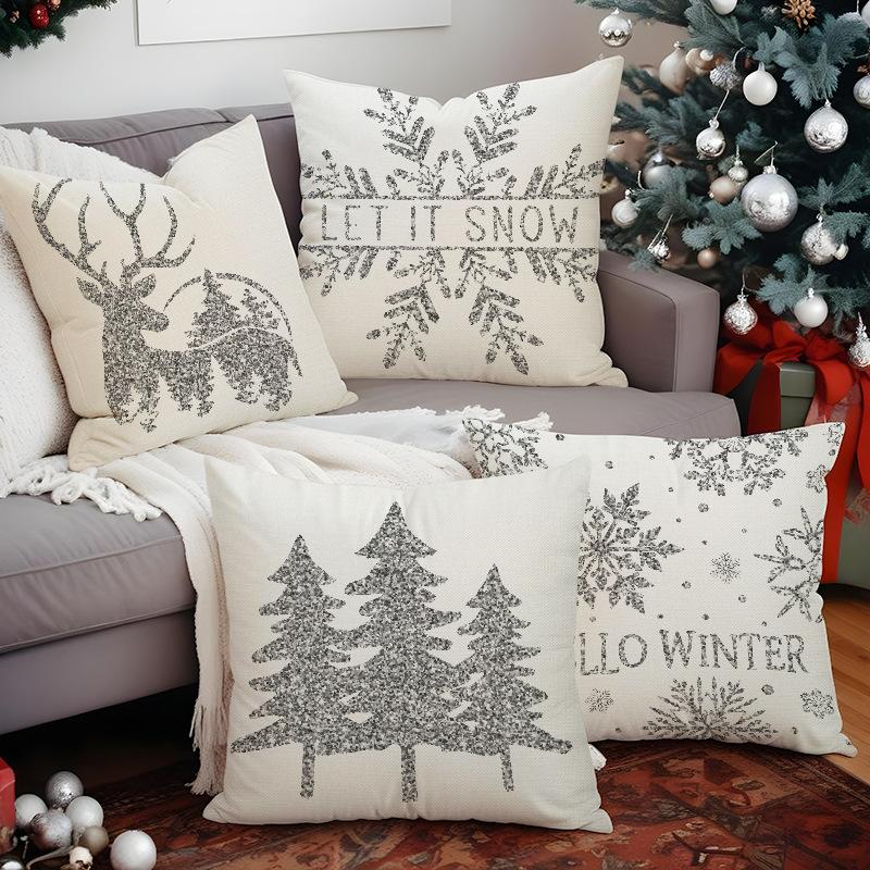New Silver Glitter Snowflake Christmas Pillowcase Linen Print Pillowcase Festive Room Sofa Decoration
