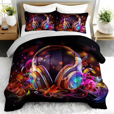 3PC Music Themed Comforter Set Glowing Headphones Duvet with 2 Pillowcases - Bedroom Or Guest Room Decorative Musical Bedding