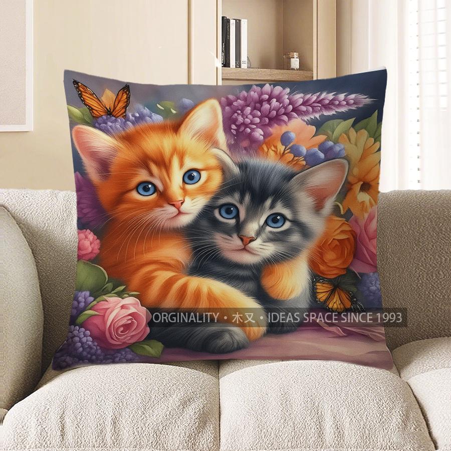 Home Decor Cute Kittens With Flowers And Butterflies Pillow Pattern Cushion Cover Suitable For Sofa Bedroom Car Pillow Cover