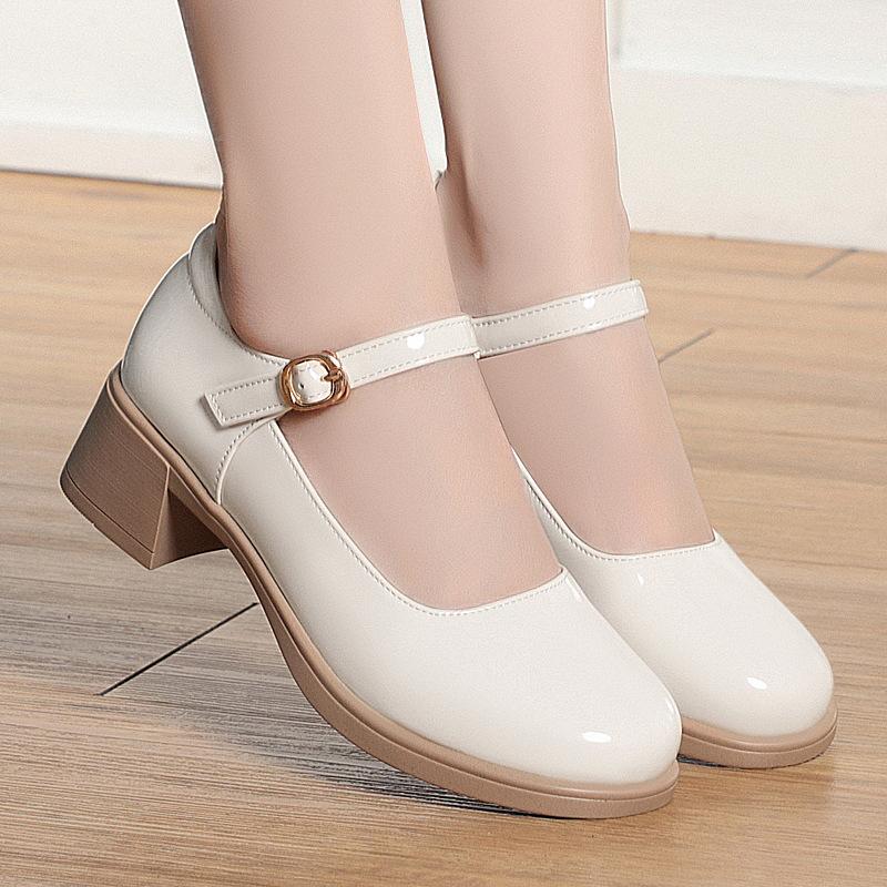 

4.5cm Breathable Comfortable Shallow Bright Leather Mary Janes Women Platform Shoes 2025 Spring Trend Med Square Heels Shoes Mom 35 бежевий