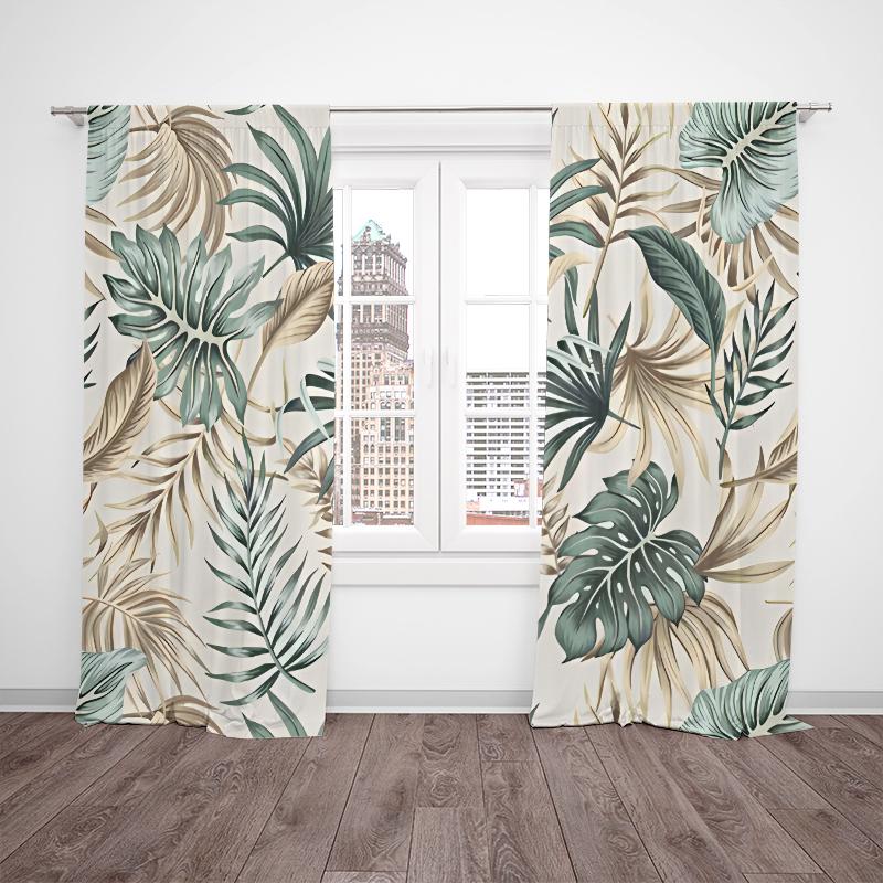 2pcs- Fresh lightweight green leaf polyester curtains, bathroom, bedroom, living room, and family space ornamental curtains