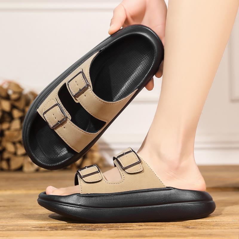 Fashion Men's Microfiber Leather Slippers for External Wear Anti Slip and Cool Slippers Men's Double Button Flat Drag Beach Shoes