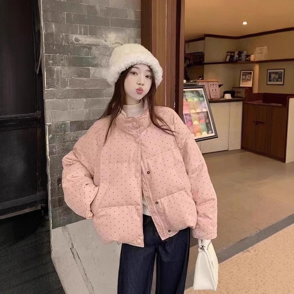 Polka Dot Stand-up Collar Down Cotton Clothes Women's Thickened Short Loose Warm Cotton-padded Clothes