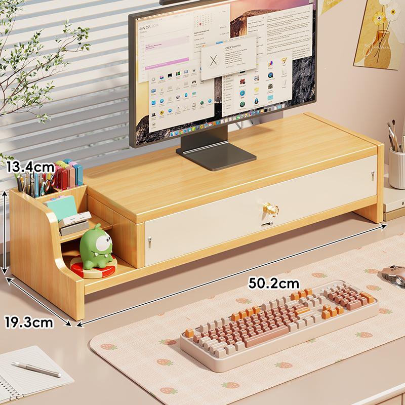 Desktop Monitor Stand with Drawer and Storage Shelf