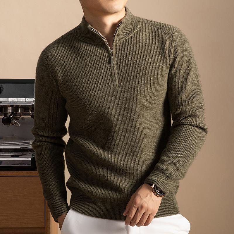 Men's 100% Pure Wool Half-Zip Turtleneck Sweater - Warm, Thick Knit for Fall/Winter