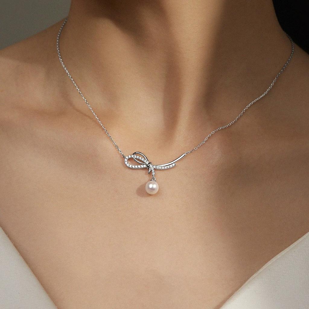Pearl pendant, bow collarbone chain, niche design temperament necklace, gift for girlfriend Qixi Festival