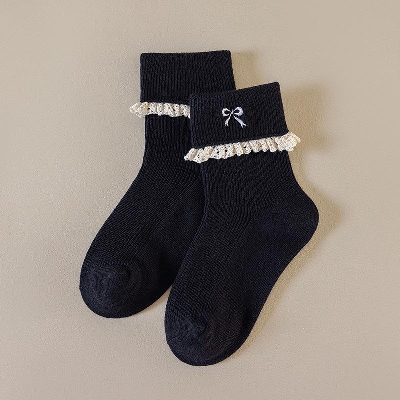 Girls' Cotton Mid-Calf Socks with Sweet Bowknot - Korean Style Lace Princess for Autumn and Spring