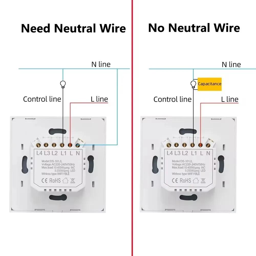 Melery Smart WiFi Switch EU Touch-Lichtschalter, Glasplatte mit/ohne Neutralleiter-Fernbedienung von Alexa Google Home, 1/2/3/4-Gang.