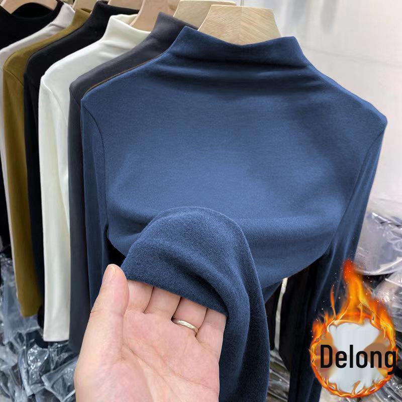 Dámská oboustranně sametově broušená košile s polovičním vysokým límcem, slim fit, hřejivá, s dlouhým rukávem - jednobarevná, podzim/zima.