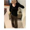 Women's Solid Color V-Neck Long-Sleeve Slim Fit Shirt, Autumn/Winter Base Layer or Outerwear, Regular Shoulder.