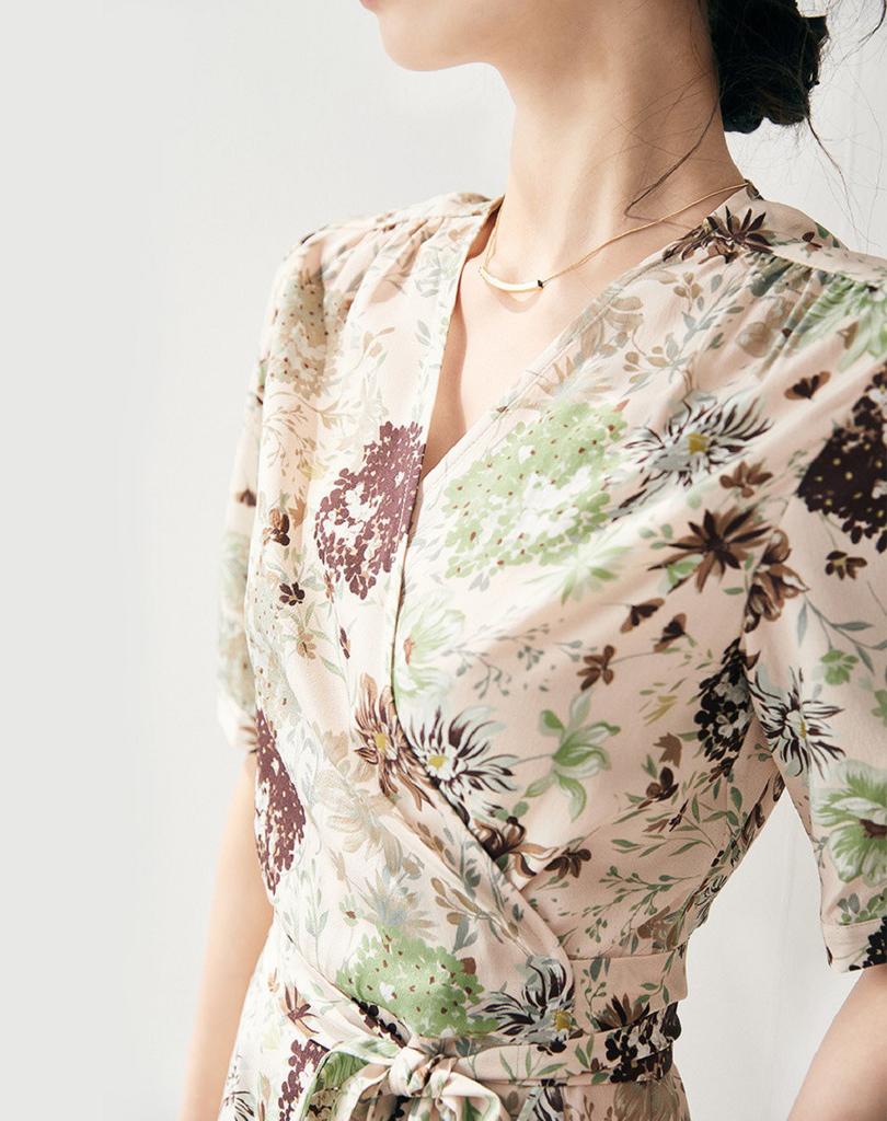 [Mint Manbo] Spring/Summer V-neck Printed Lace for Skinny Silk Dress, Mulberry Silk Style Long Dress for Women