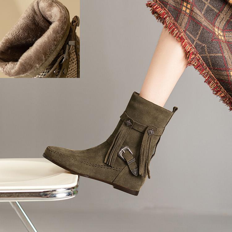 Fashion Cow Suede Rivet Belt Buckle Round Head Low Heeled Short Boots Fashionable Winter Tassel Short Plush Women's Ankle Boots Size 43