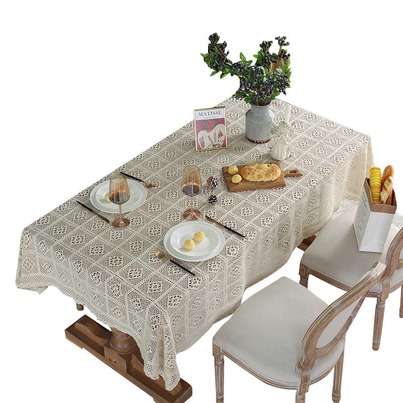 Beige Retro Crochet Square Cotton Tablecloth & Mat Set