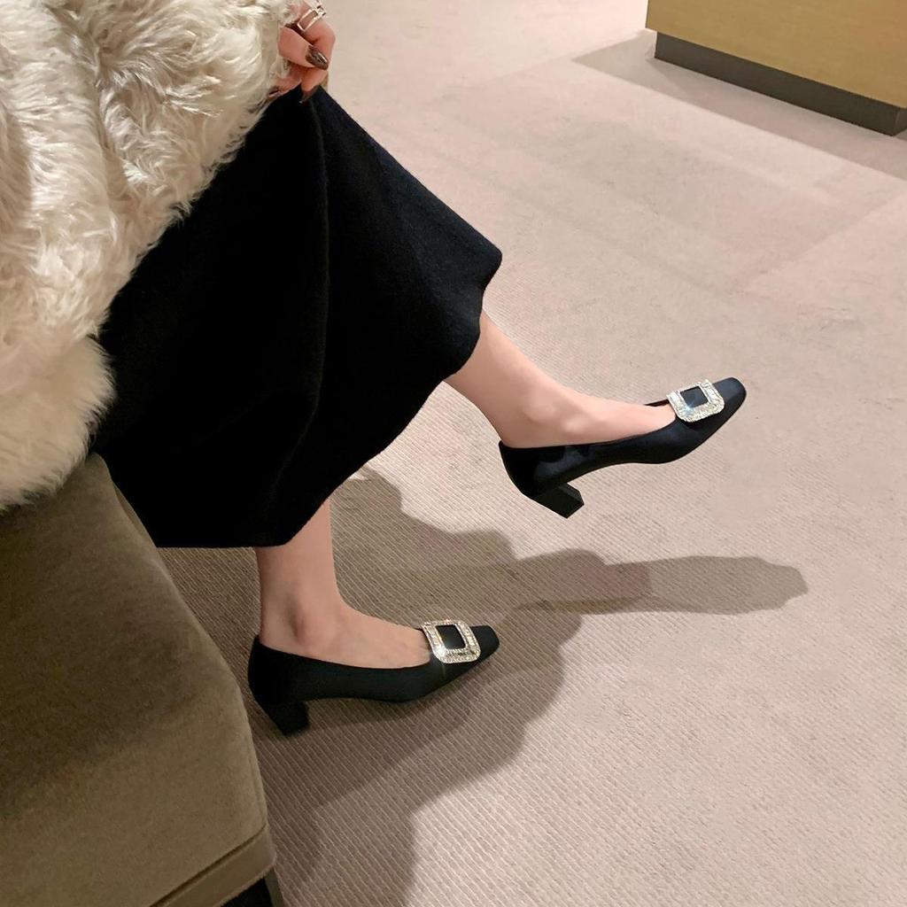 Grape Mom Studiolee Evening Wind Temperament Rhinestone Square Buckle Square Head Shallow Mouth Middle Heel Silk Commuter Single Shoes Women