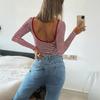 Ladies Spring Autumn Long Sleeve Round Collar Backless Striped Slim Fit Pullover Bare Midriff T Shirt Top