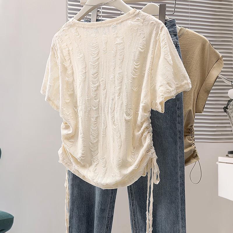 Women's Round Neck Drawstring Cropped T-Shirt