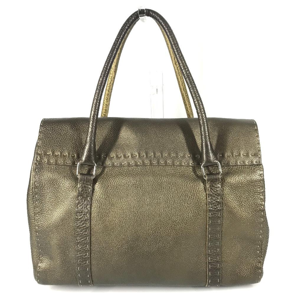 Fendi Selleria Stitch Tote Bag Flap Hand Bag Leather Metallic Gold Based