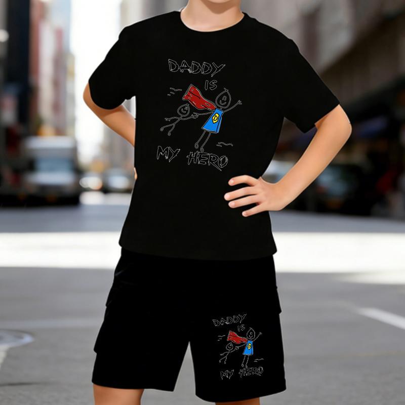 

Boys 2 Piece Parent-child themed printed Outfit, Short Sleeve T-Shirt and Shorts Set for Kids Age 5-14,Black and White Sporty Casual Summer Clothes 5-6 Years чёрный