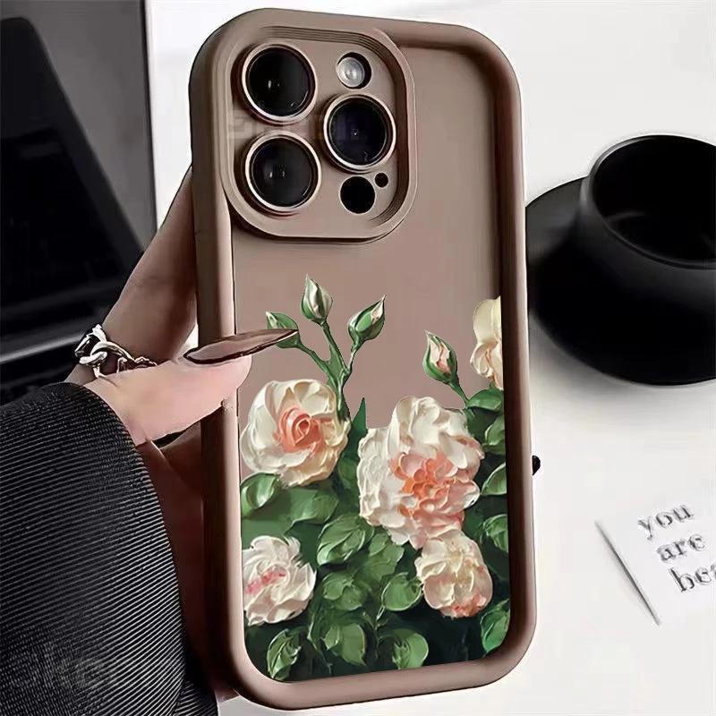 Oil Painting White Rose Flower Silicone Phone Case For iPhone 15 14 13 12 11 Pro Max XS X XR 7 8 Plus Shockproof Soft Cover