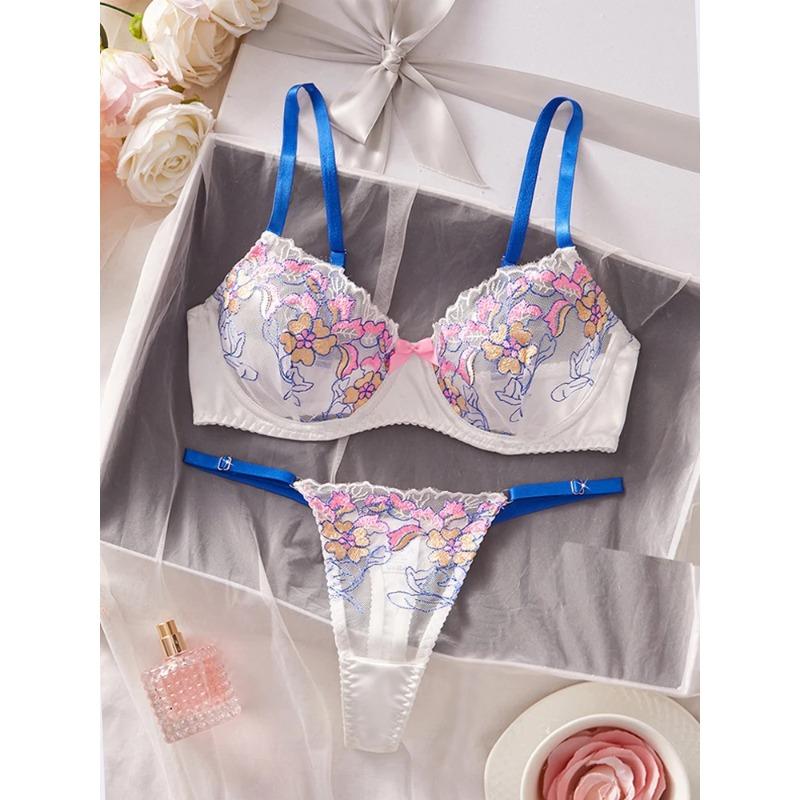 Damenwäsche Süßes Floral Besticktes Wäscheset Bügel Push-Up BH Slips Sets Elegante Netzunterwäsche Weich Intim