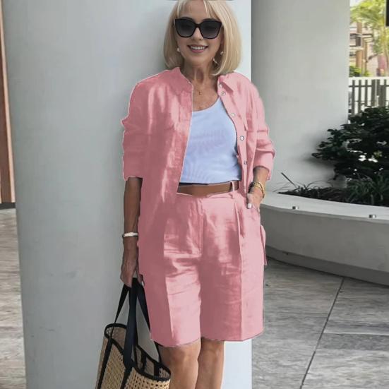 2 Pcs/Set Women Shirt Shorts Set Solid Color Long Sleeves Lapel Blouse