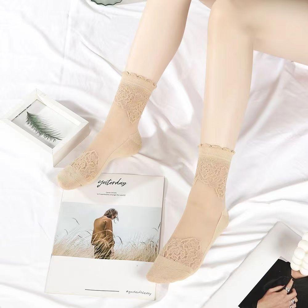 3 Pairs of Women's Summer Socks with Lace Crystal Silk Stockings Sweat Absorbing Breathable Lotus Leaf Edge Lace