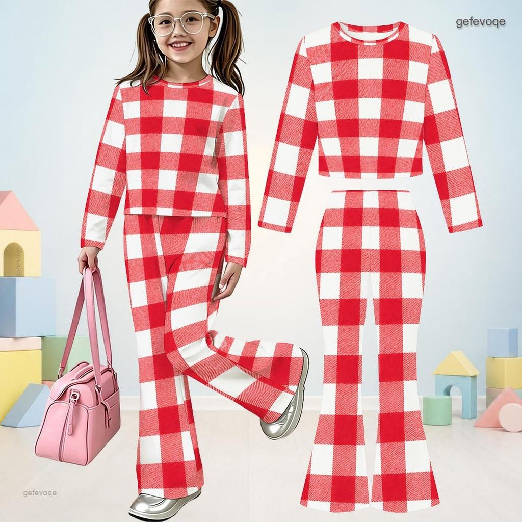 Girls Orange Plaid Printed Round Neck Long Sleeve Top And Flared Pants Two Piece Set