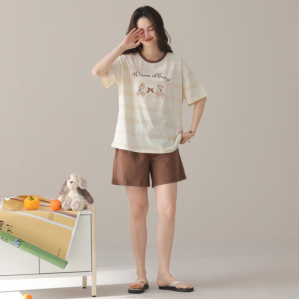 Pure cotton pajamas women's 1011 new summer casual style soft short-sleeved shorts loose and wearable loungewear set