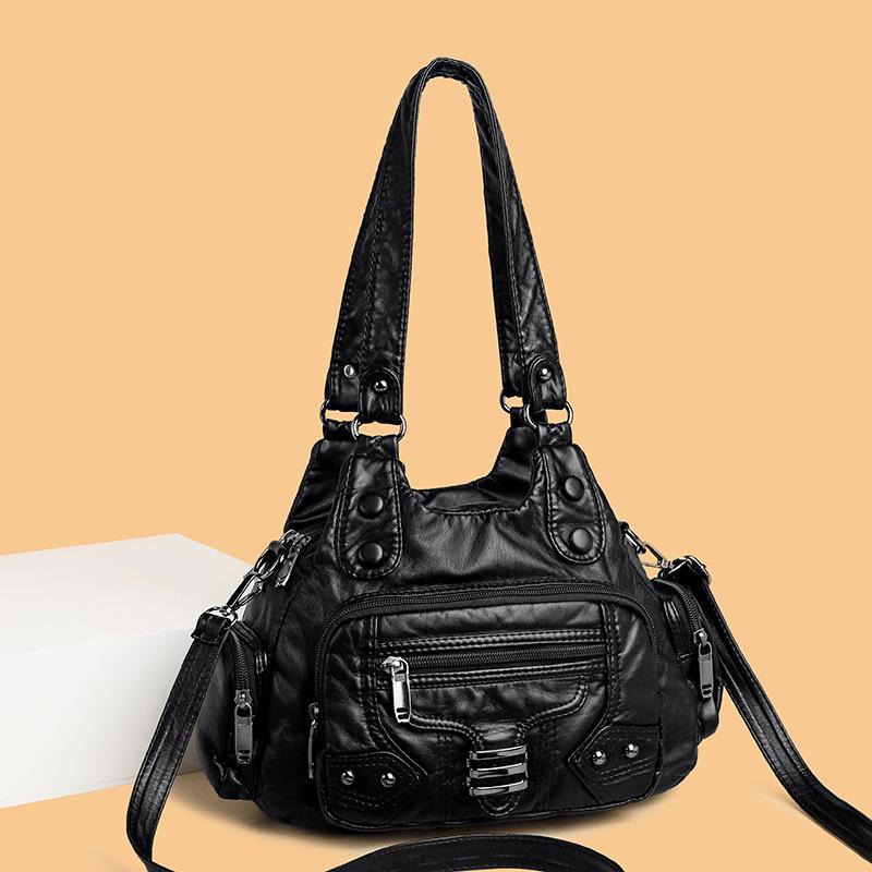 Washed Leather Women's Bag Handbag Retro Fashion Rivet Soft Leather Tote Bag Multi-pocket Large-capacity Messenger Bag