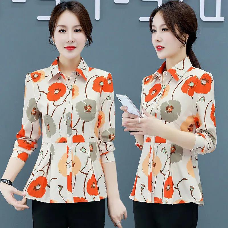 Summer Button Shirt Pleated Edge Chiffon Shirt Casual Printing T-shirt Thin Shirt for Middle-aged and Elderly Women