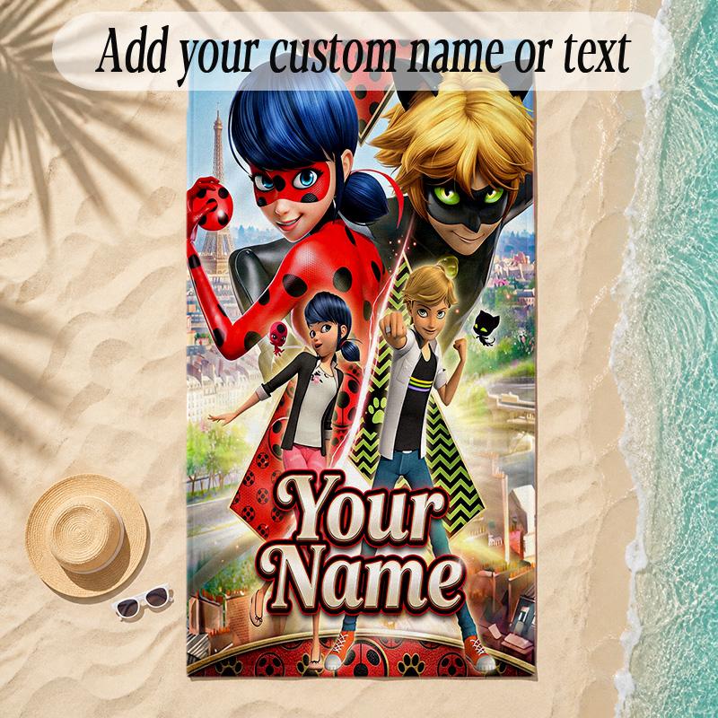 Strandtuch Miraculous Ladybug Benutzerdefinierter Name Text Personalisierbares Weiches Handtuch für Strand Pool Innen Hausdekoration Geschenk